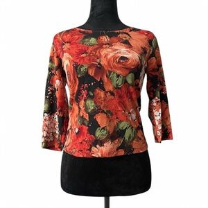 Vintage 90s Floral Print Three-Quarter Sleeve Top